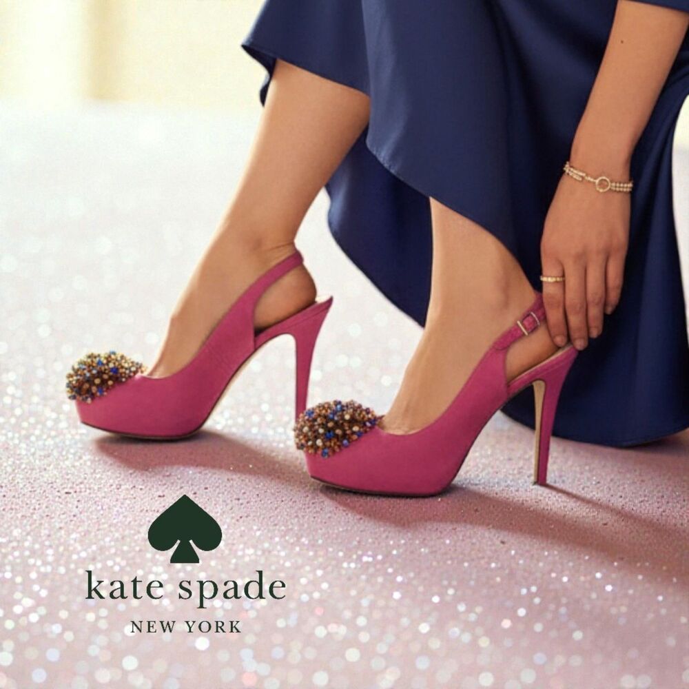 Kate Spade Coquette Glam Lenora Pink Suede Slingback with Gold Pom Poms